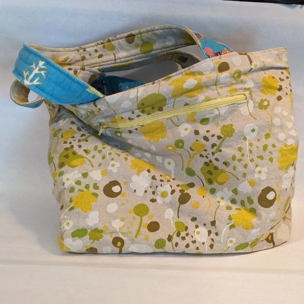Handmade Reversible Tote Bag Tour de Forest Deer Biking Floral Blue Yellow